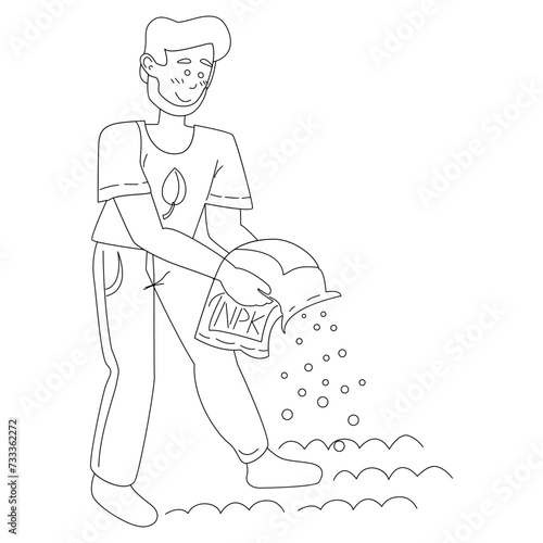 Male gardener sprinkles fertilizers, fertilizes the soil inorganic fertilizer. Line vector illustration isolated on white background.