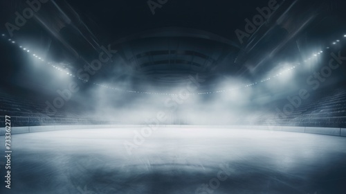 An atmospheric image of an empty hockey rink covered in fog, illuminated by spotlights. Perfect for sports-related designs and concepts