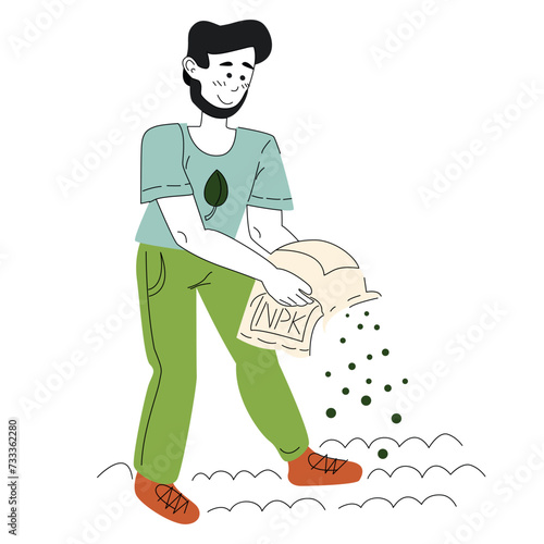 Male gardener sprinkles fertilizers, fertilizes the soil inorganic fertilizer. Flat colored vector illustration isolated on white background.