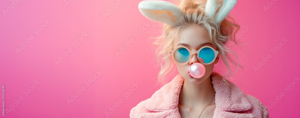 Obraz premium A fashionable young woman with bunny ears blowing a bubble gum bubble, in a stylish pink jacket on teal background. Happy Easter concept