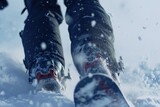 Close up of a snowboarder's feet in the snow. Perfect for winter sports or adventure-themed designs