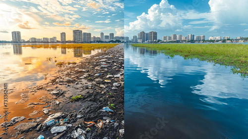 Contrast of Pollution and Cleanliness in Urban Water Bodies photo