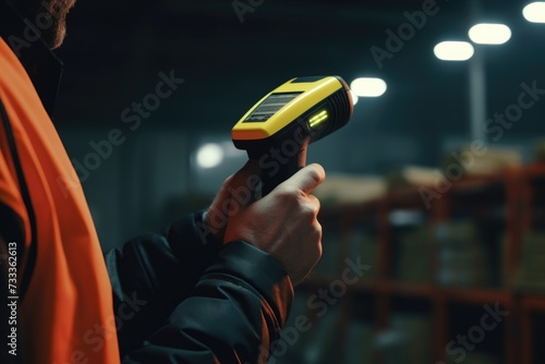 A man in an orange vest holding a handheld scanner. This image can be used for inventory management, logistics, or warehouse operations photo