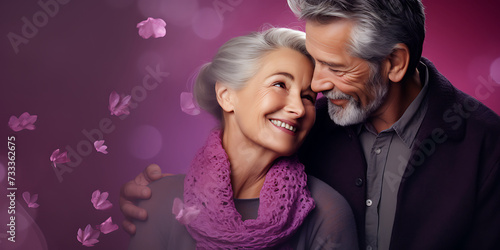 Portrait of happy senior couple looking at camera against purple background with hearts