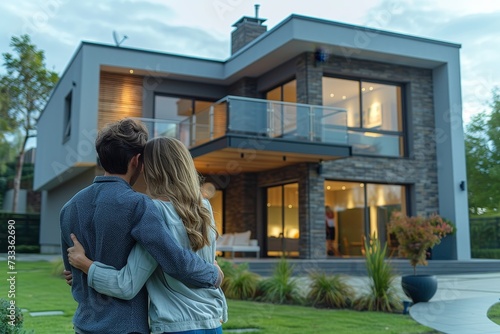 A couple embraces under the open sky, clad in casual outdoor attire, in front of their cozy home surrounded by lush greenery and a quaint window