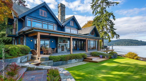 Classic large craftsman American house exterior in blue tones with wooden walkout porch and perfect water view  photo