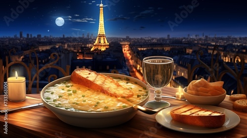 The traditional presentation of French Onion Soup with a golden cheese crouton, at the night view of the Eiffel Tower, Paris, France Based on Generative AI