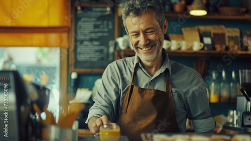 A man in an apron with a friendly smile looking directly at the camera. Suitable for various uses
