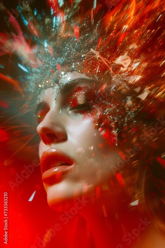 a demon covered face bejeweled avant garde model , chromatic aberration, motion, blurred, red grey olive 