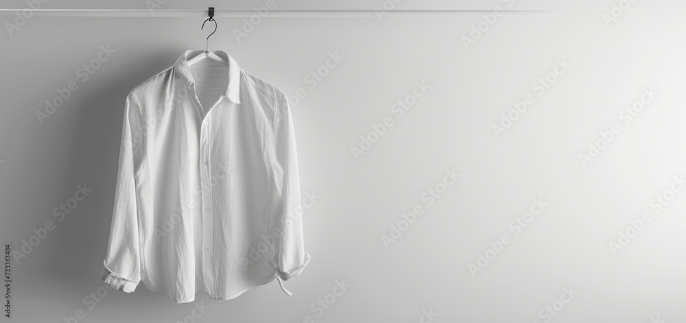 A white shirt hanging on a clothes line. Can be used to depict laundry, cleanliness, or simplicity