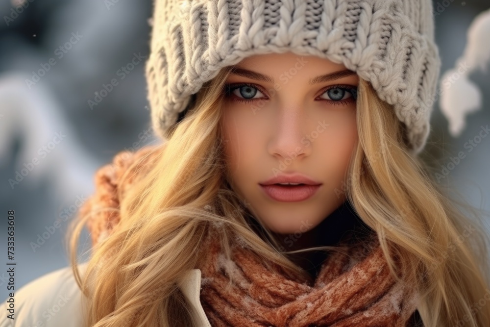 A woman wearing a hat and scarf in the snow. Ideal for winter fashion and cold weather concepts A woman wearing a hat and scarf in the snow. Ideal for winter fashion and cold weather concepts