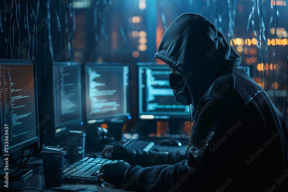 A mysterious figure cloaked in a hood sits at a computer, manipulating pixels and code to create a digital masterpiece while surrounded by screens filled with text and screenshots A mysterious figure cloaked in a hood sits at a computer, manipulating pixels and code to create a digital masterpiece while surrounded by screens filled with text and screenshots