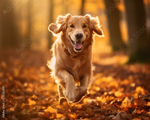 Golden retriver running in the autumn forest background