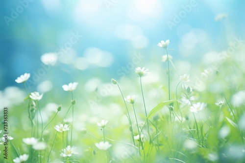 A field of white flowers with a beautiful blue sky in the background. Perfect for nature and spring-themed designs
