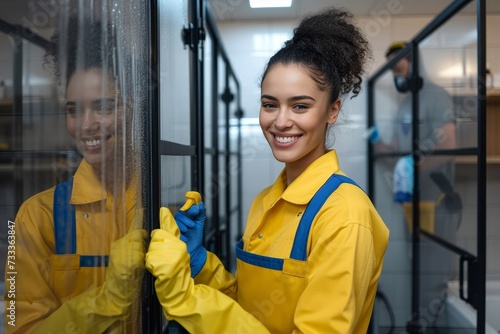 A cheerful woman in yellow workwear stands confidently, her smiling face reflected in the clean glass door she's just finished washing, with a wall of windows and a jacket-clad figure in the backgrou photo