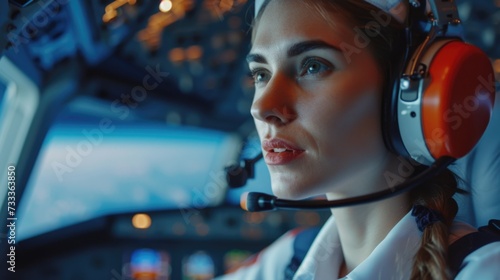 A woman is pictured wearing a headset in a cockpit. This image can be used to depict a pilot or aviation-related themes photo