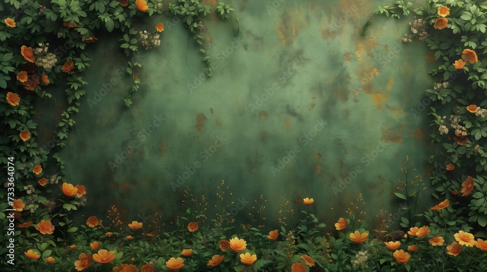 Backdrop z teksturą ściany i ramką pomarańczowych kwiatów z bujną zielenią - obrazy, fototapety, plakaty 