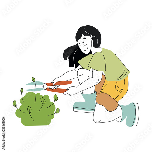 Gardening on the farm. A girl cuts a bush with garden shears, spring work in the garden. Female gardener grows plant. Flat colored vector illustration isolated on white background.