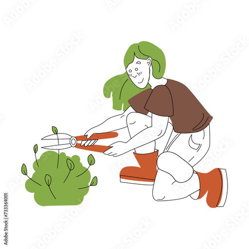 Gardening on the farm. A girl cuts a bush with garden shears, spring work in the garden. Female gardener grows plant. Flat colored vector illustration isolated on white background.