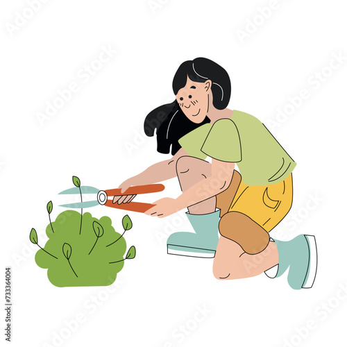 Gardening on the farm. A girl cuts a bush with garden shears, spring work in the garden. Female gardener grows plant. Flat colored vector illustration isolated on white background.
