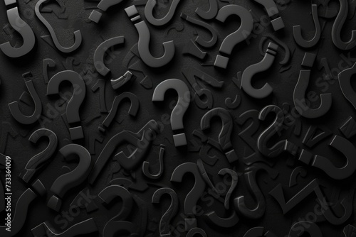Black question marks scattered on a black surface. Suitable for illustrating uncertainty and unanswered questions.