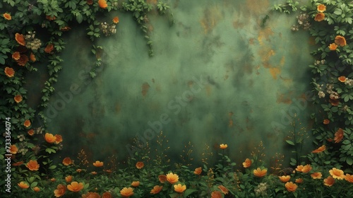Backdrop z teksturą ściany i ramką pomarańczowych kwiatów z bujną zielenią