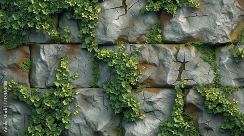 Kamienny mur pokryty bluszczem i kamieniami