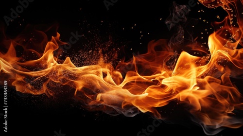 A close-up view of a fire on a black background. This image can be used to add a fiery and intense atmosphere to various projects