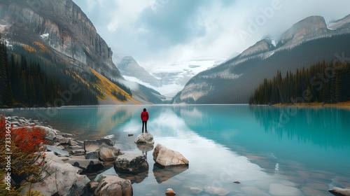 Solitary figure stands before serene mountain lake, encapsulating nature's tranquility and vastness. peaceful, reflective, and ideal for travel themes. AI