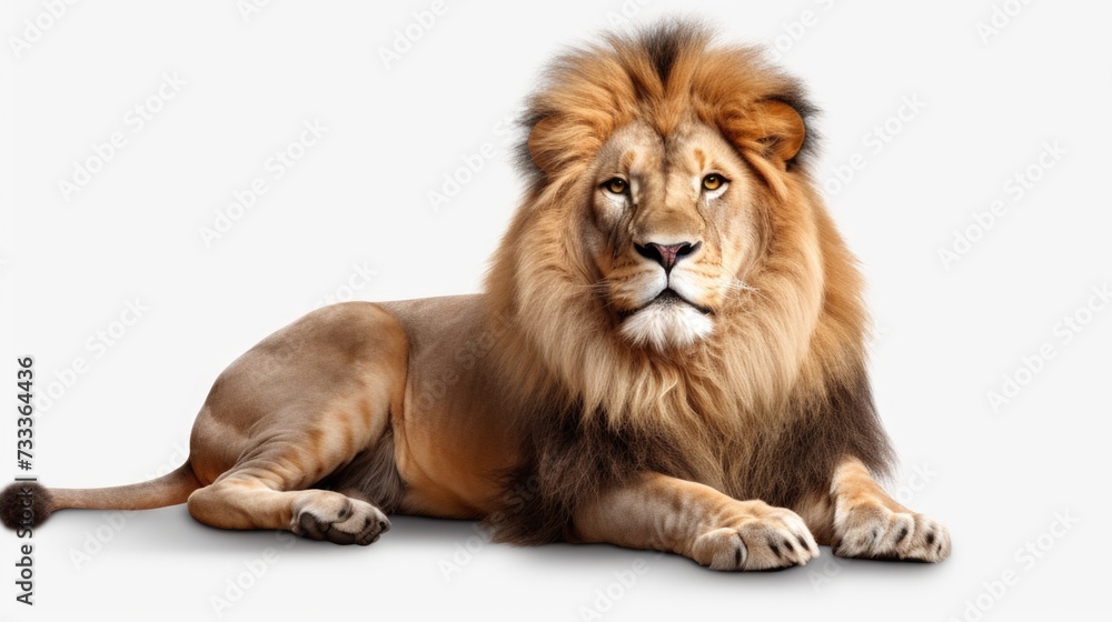A lion peacefully resting on a white surface. Suitable for wildlife, animal, and nature concepts A lion peacefully resting on a white surface. Suitable for wildlife, animal, and nature concepts