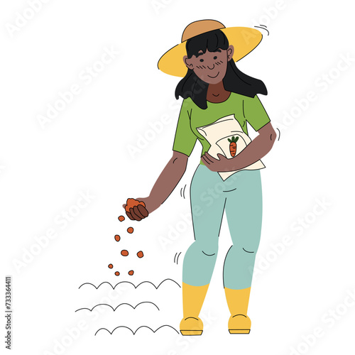 Gardening on the farm. Young woman sowing seeds in the garden in the spring. Female gardener grows plant. Flat colored vector illustration isolated on white background.