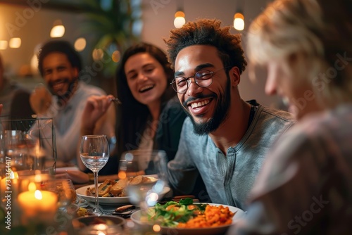 A diverse group of friends enjoying a lively dinner party at a chic restaurant  laughing and sipping wine as the soft glow of candles illuminates their elegant clothing and the walls adorned with cha