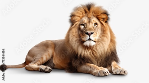 A lion peacefully resting on a white surface. Suitable for wildlife  animal  and nature concepts