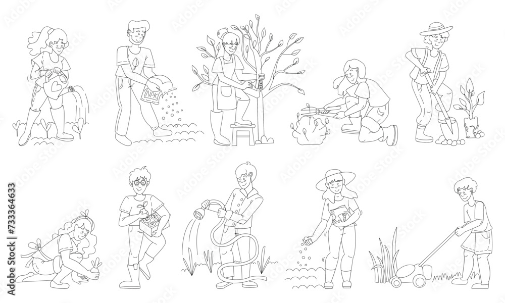 Black and white garden set, people gardening, vector illustrations of garden gear, gardening tools. Woman and man working in garden, spring outdoors activity, cute flat characters set.
