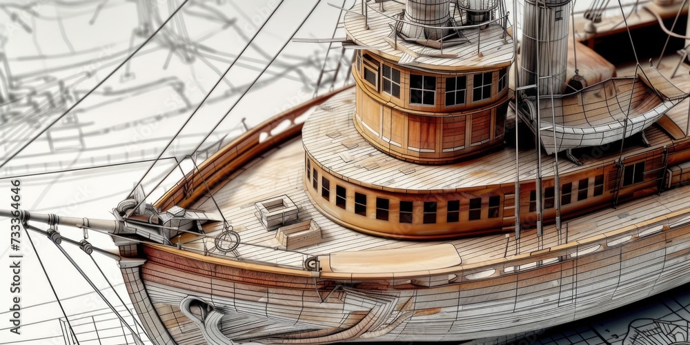 Boat model displayed on a blueprint. Suitable for architectural or engineering projects Boat model displayed on a blueprint. Suitable for architectural or engineering projects