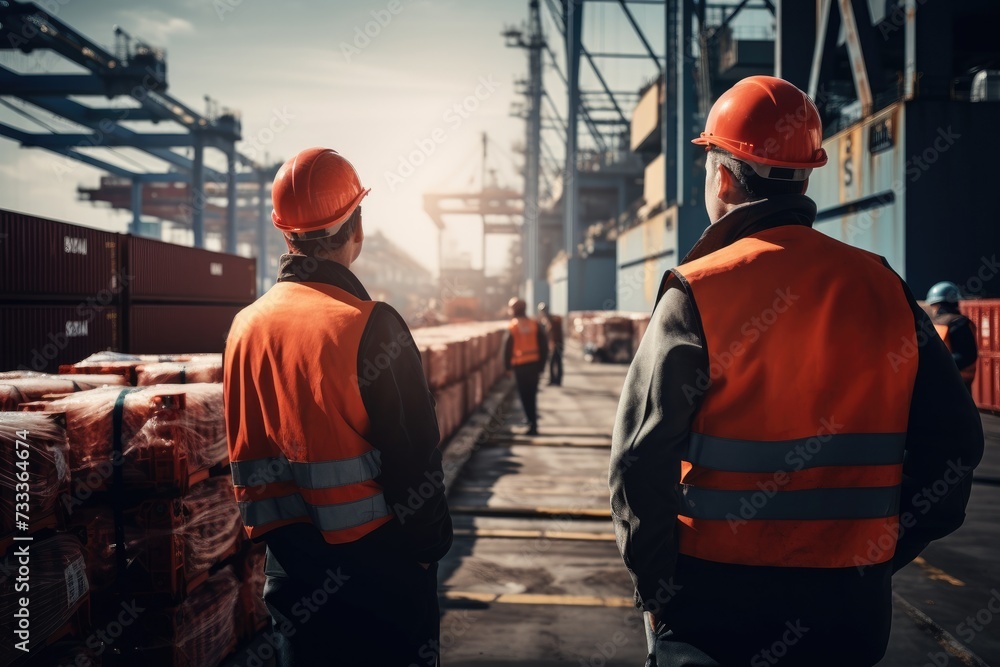 Foreman in charge of loading Containers boxes from Cargo freight ship for import and export surrounded by shipping containers. Foreman in charge of loading Containers boxes from Cargo freight ship for import and export surrounded by shipping containers.