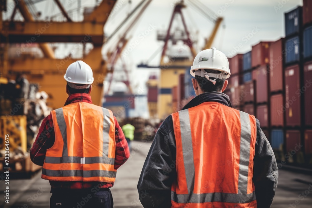 Foreman in charge of loading Containers boxes from Cargo freight ship for import and export surrounded by shipping containers. Foreman in charge of loading Containers boxes from Cargo freight ship for import and export surrounded by shipping containers.