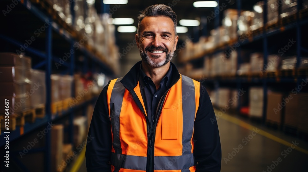 Portrait of a happy worker standing in warehouse distribution center. Portrait of a happy worker standing in warehouse distribution center.
