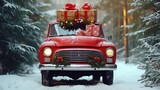 A red truck covered in snow with presents stacked on top. Perfect for holiday-themed projects or Christmas greetings