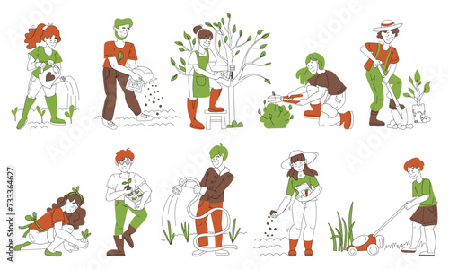 Color garden set, people gardening, vector illustrations of garden gear, gardening tools. Woman and man working in garden, spring outdoors activity, cute flat characters set.