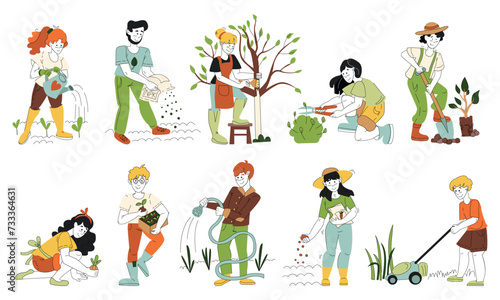 Color garden set, people gardening, vector illustrations of garden gear, gardening tools. Woman and man working in garden, spring outdoors activity, cute flat characters set.