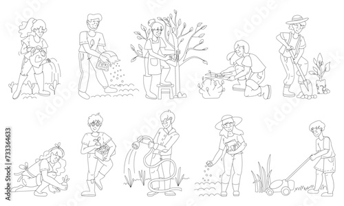 Black and white garden set, people gardening, vector illustrations of garden gear, gardening tools. Woman and man working in garden, spring outdoors activity, cute flat characters set.