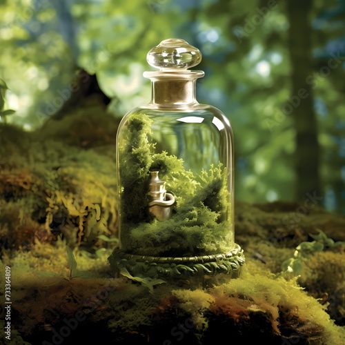 Enchanted Forest Terrarium with Antique Style Glass Dispenser in a Mystical Woodland Setting © RobertGabriel