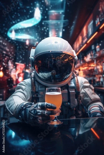 A man dressed in a space suit holding a beer. This image can be used to depict a futuristic party or a space-themed event