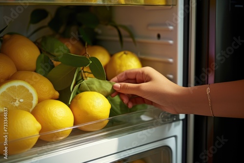 A person reaching for lemons in an open refrigerator. Suitable for food and kitchen-related concepts