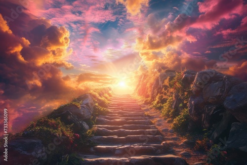 A stairway leading up to a bright sky. Perfect for conveying concepts of hope, progress, and new beginnings. Ideal for use in motivational materials, website banners, or inspirational blog posts photo