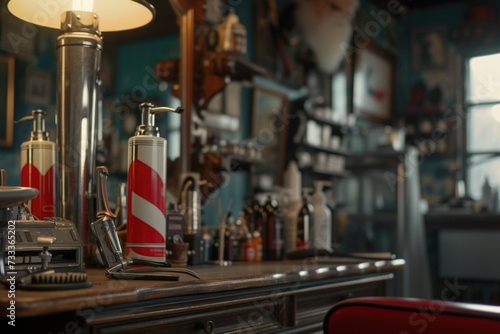 A cluttered barber shop counter filled with a variety of items. Perfect for illustrating a busy and well-stocked barbershop.