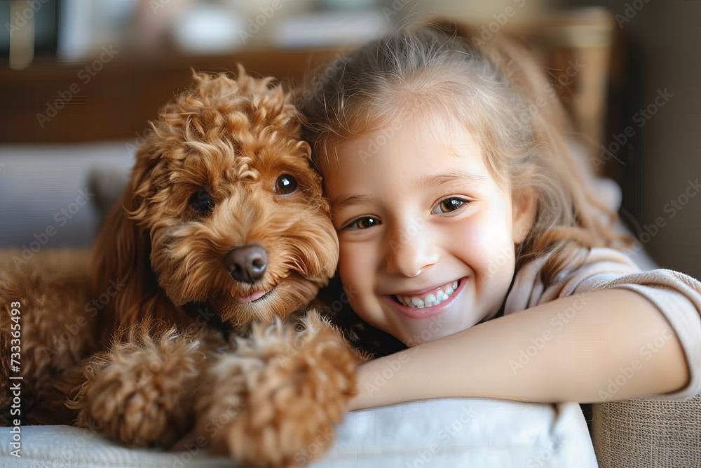 A young girl's face lights up with joy as she embraces her beloved labradoodle, a playful poodle-terrier crossbreed, in the comfort of their indoor home A young girl's face lights up with joy as she embraces her beloved labradoodle, a playful poodle-terrier crossbreed, in the comfort of their indoor home