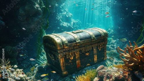 Closed treasure pirate chest on sea bottom underwater wallpaper background
