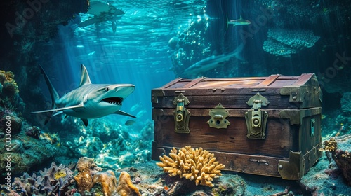 Closed treasure pirate chest on sea bottom underwater wallpaper background
 photo